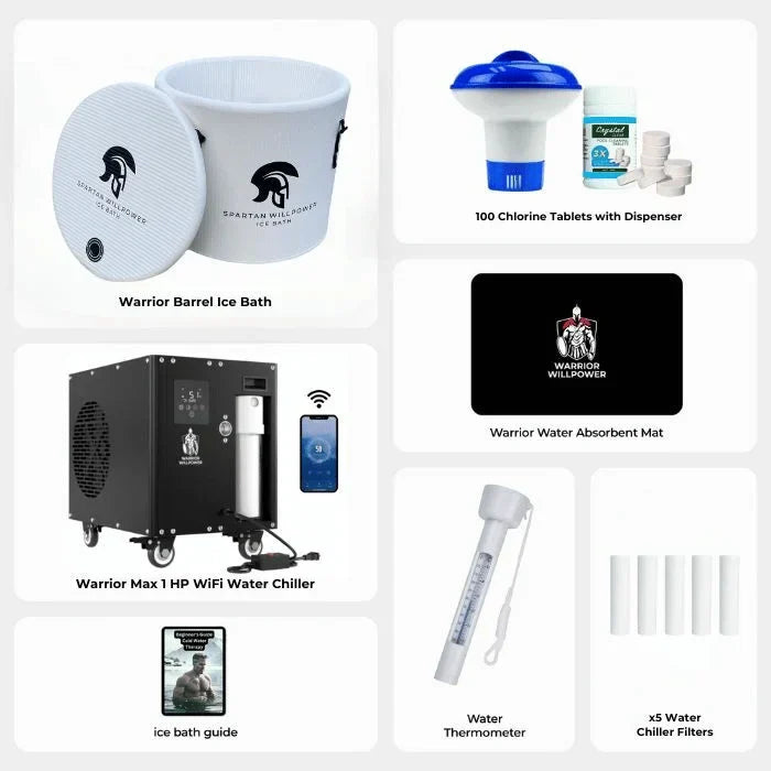 Warrior Willpower Max 1 HP WiFi Water Chiller/Heater + Barrel Ice Bath Bundle